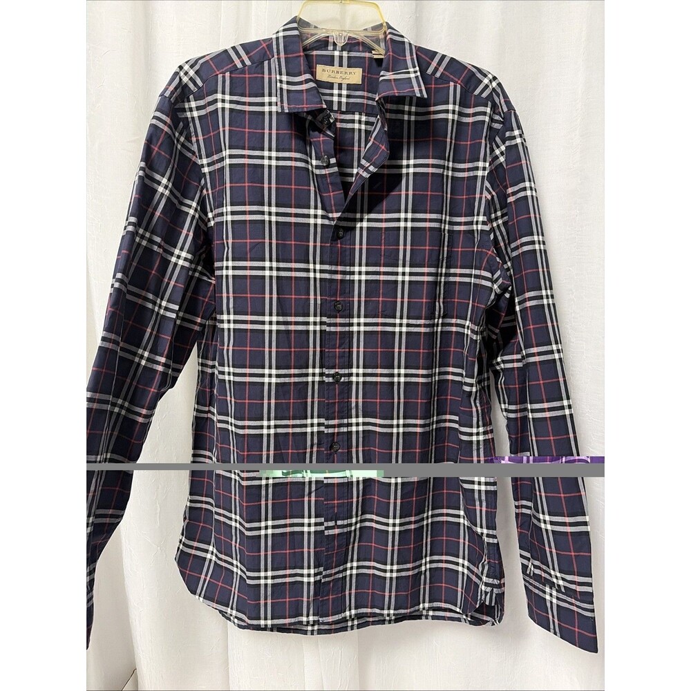 Burberry Men’s Navy Plaid Long Sleeve Button-Up Shirt Cotton Blend Size XL